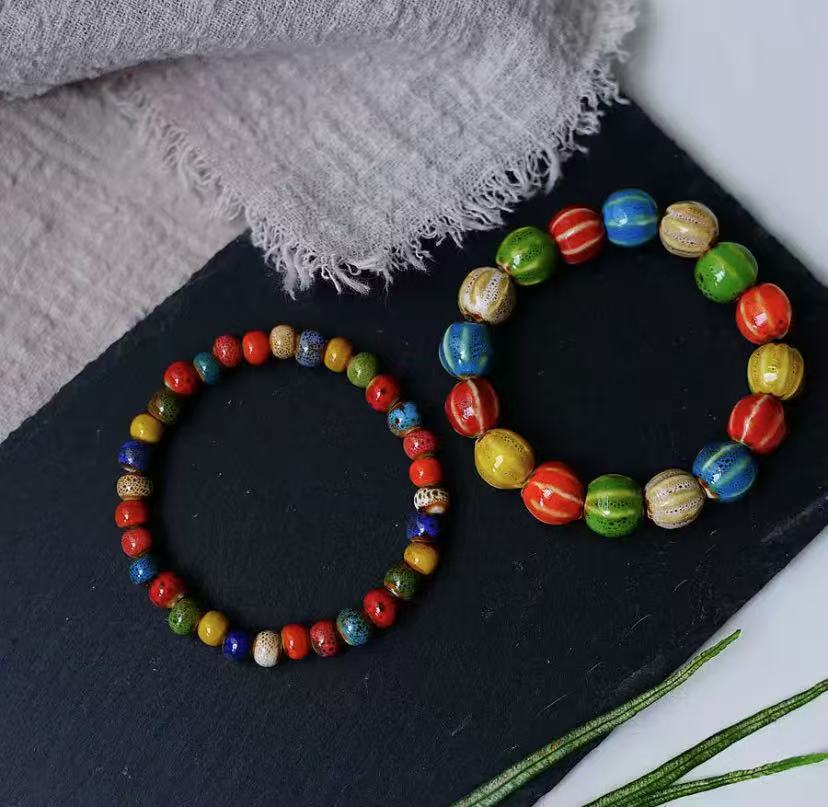 Artistic ceramic flower glaze gradient colored bead bracelet