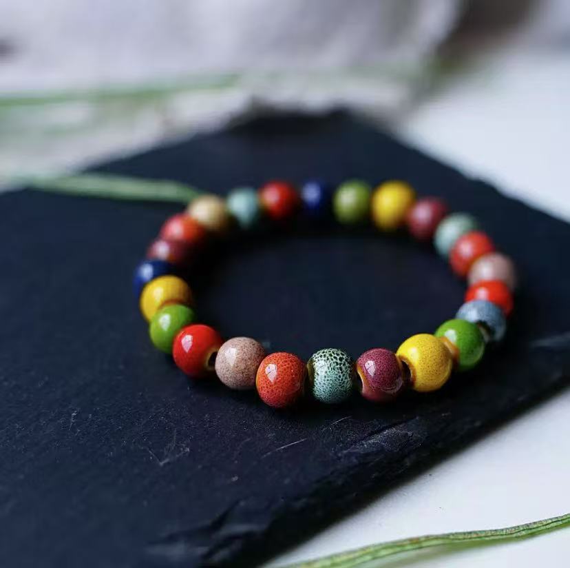 Artistic ceramic flower glaze gradient colored bead bracelet