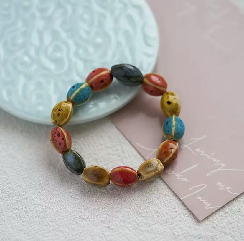 Artistic ceramic flower glaze gradient colored bead bracelet