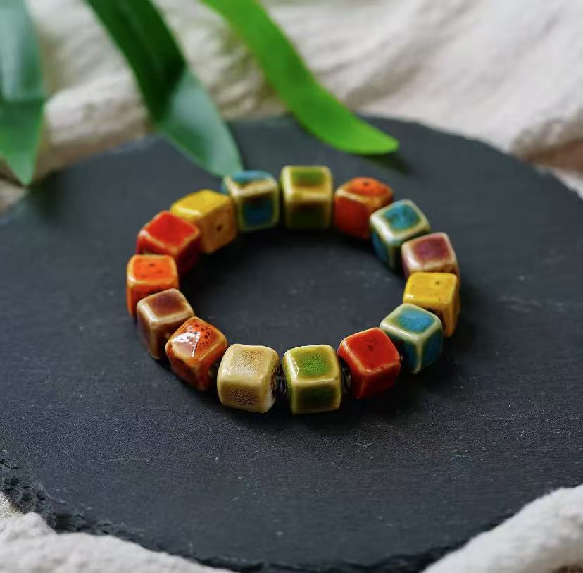 Artistic ceramic flower glaze gradient colored bead bracelet