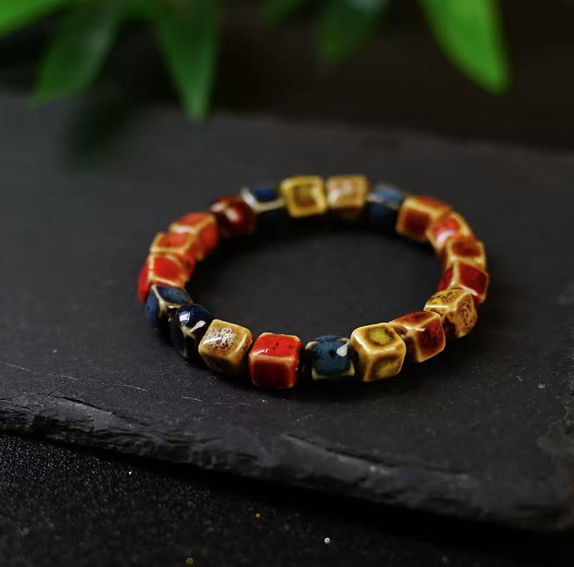 Artistic ceramic flower glaze gradient colored bead bracelet