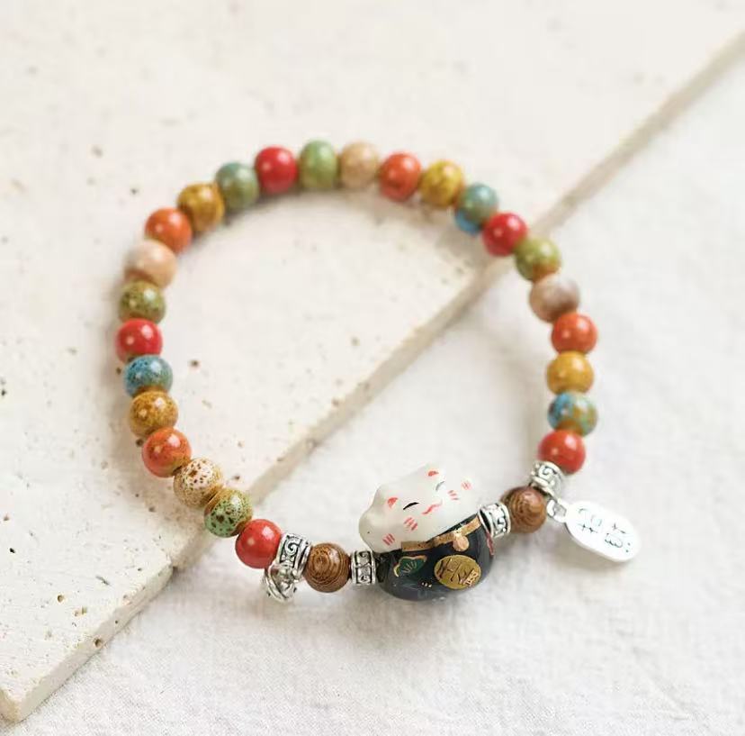 Artistic pastoral sweet fortune cat ceramic bracelet