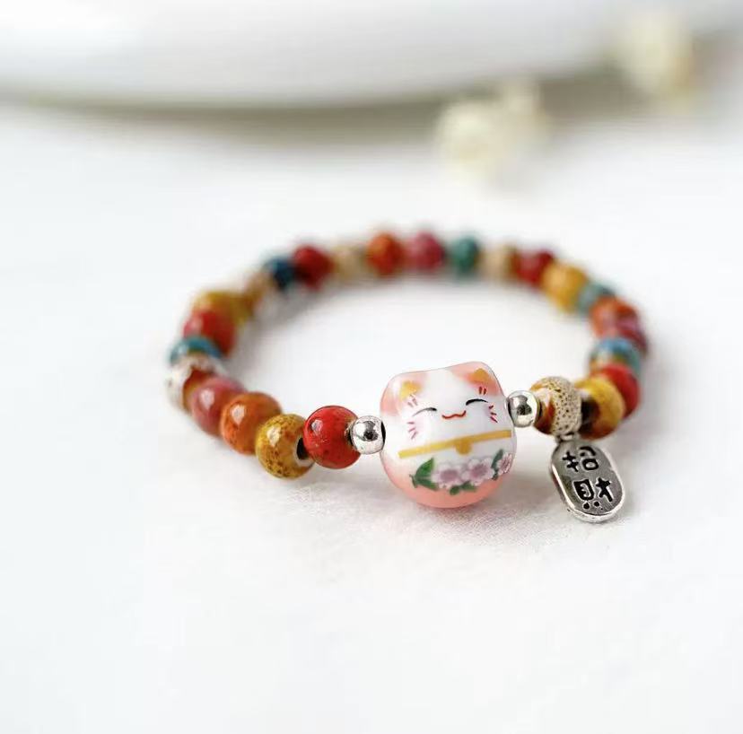 Artistic pastoral sweet fortune cat ceramic bracelet