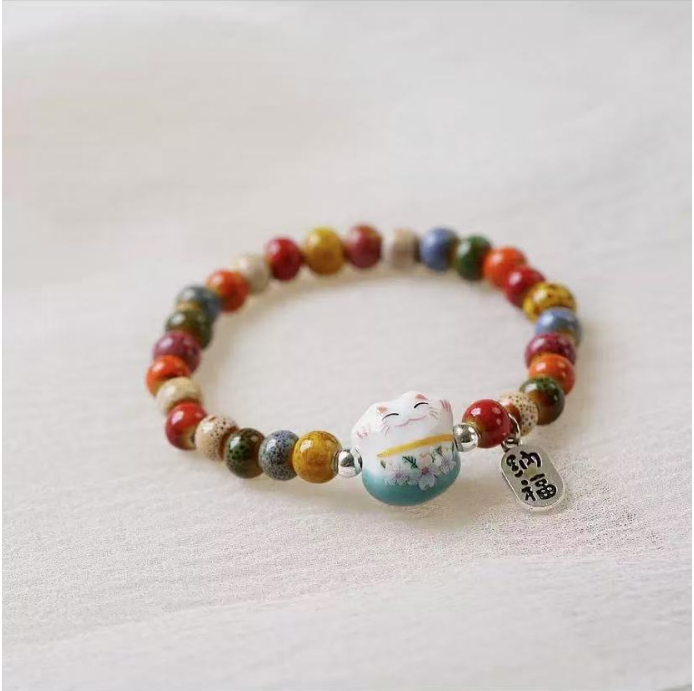 Artistic pastoral sweet fortune cat ceramic bracelet