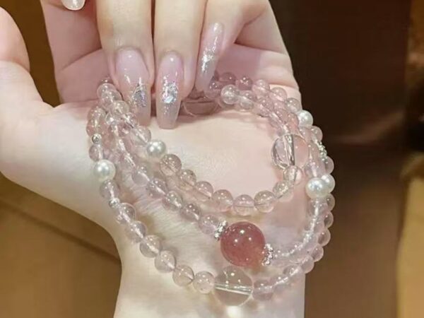 Strawberry crystal layered bracelet with three rings