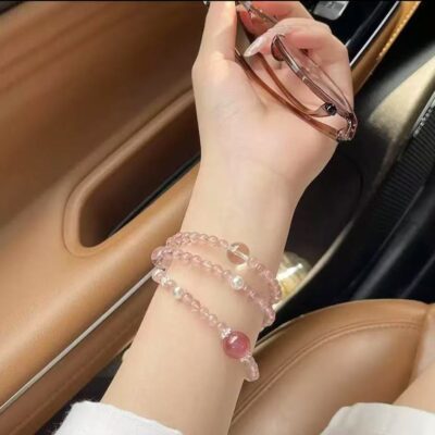Strawberry crystal layered bracelet with three rings