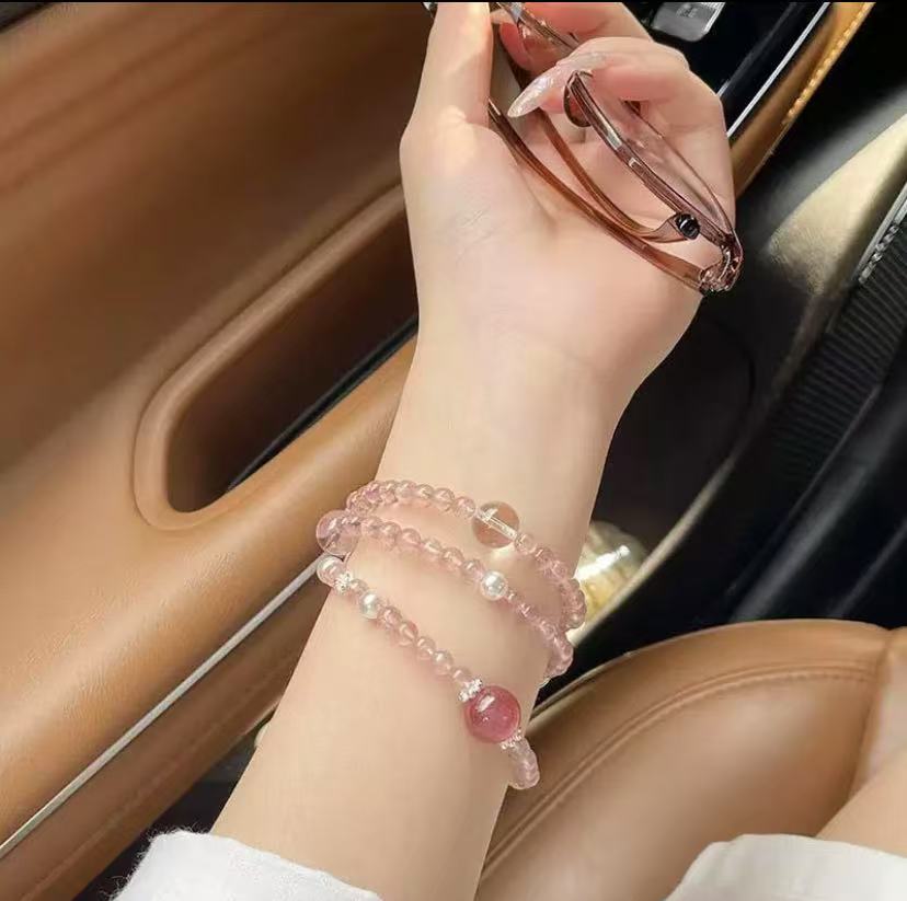 Strawberry crystal layered bracelet with three rings